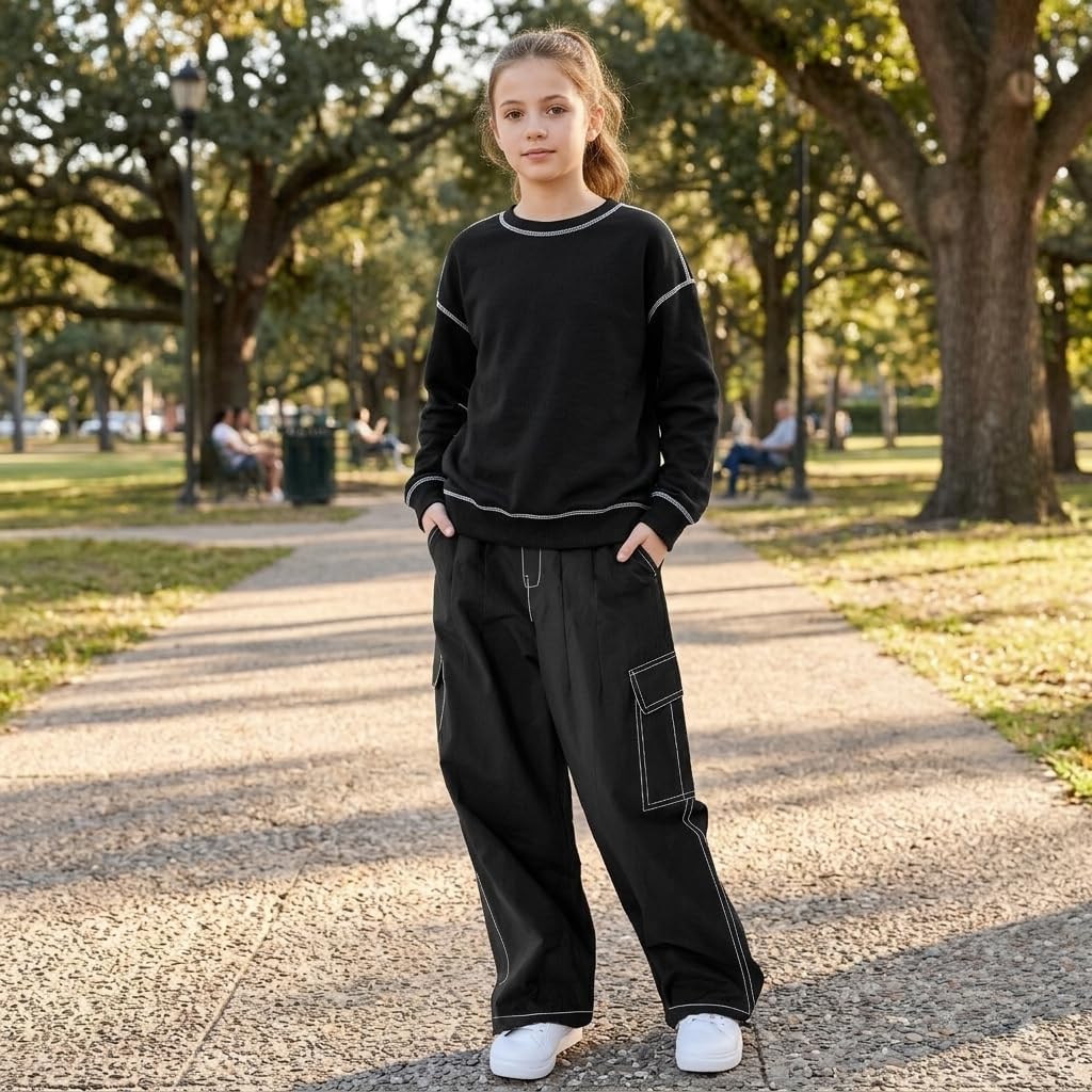 Rolanko Mädchen Cargohose, Baumwoll Baggy Hose mit Elastischer Taille und Mehreren Taschen für Kinde