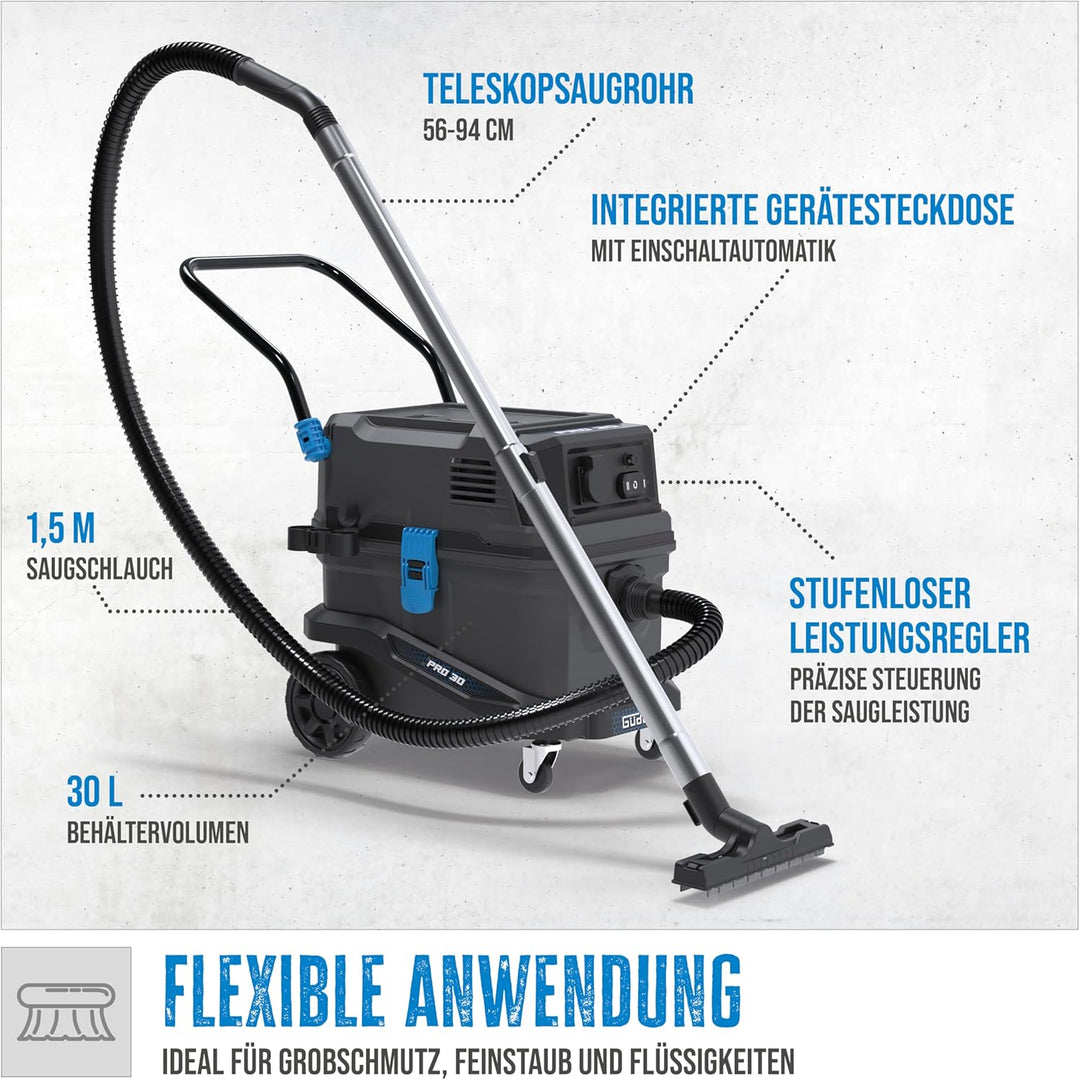 Güde Pro 30 Nass-Trockensauger – 230 Volt, 1800 Watt, 23 Kilopascal Unterdruck, 30 Liter Behälter, m