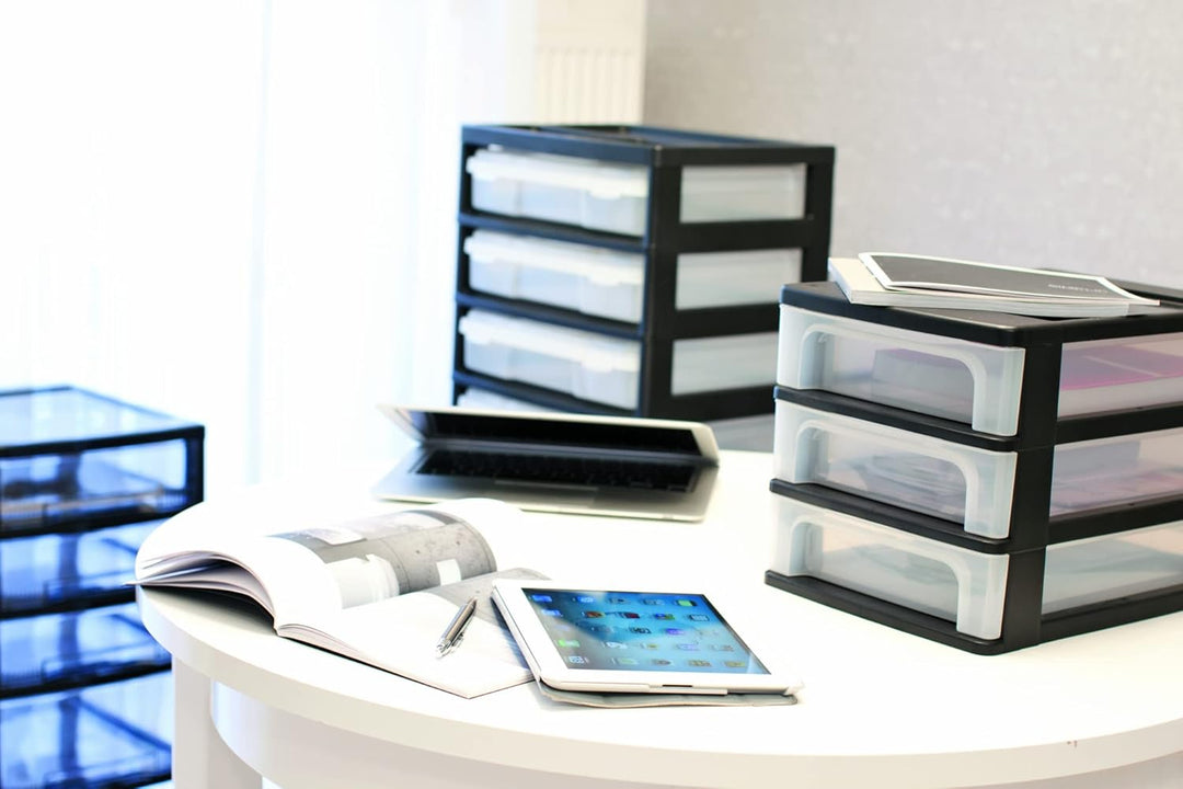 Iris Ohyama, Schreibtisch-Organizer mit 3 flachen Schubladen, Schwarz, Easy-Pull-System, A4, A5 & A6