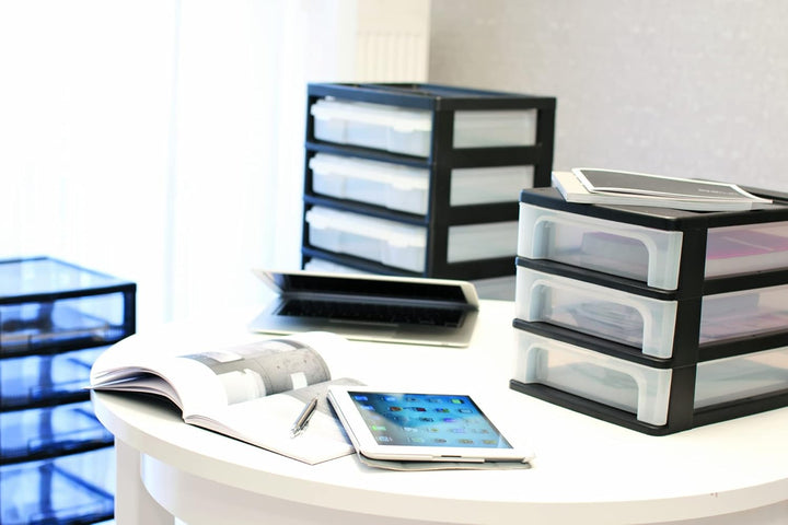 Iris Ohyama, Schreibtisch-Organizer mit 3 flachen Schubladen, Schwarz, Easy-Pull-System, A4, A5 & A6