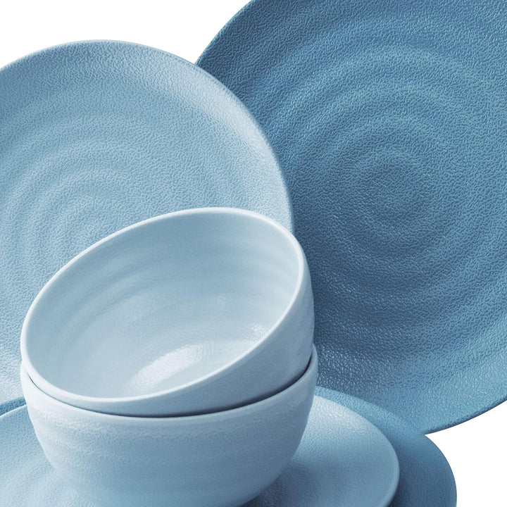 Melamin Geschirr Set Blau Edelstahl Thermo Tassen Tonoptik Picknick Camping 6 Personen - Edelstahlta