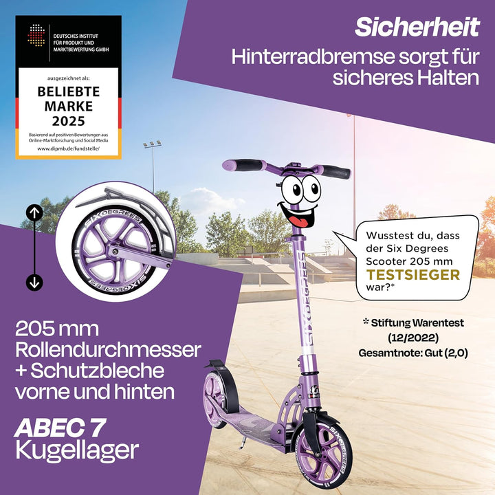 Six Degrees Aluminium Scooter mit Klappmechanismus, Ständer, 205 mm TESTSIEGER, ABEC 7, höhenverstel