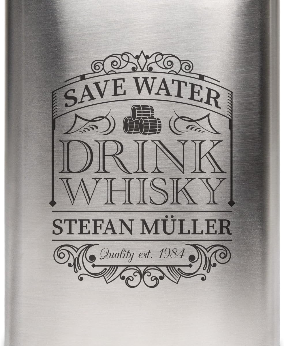 Flachmann Edelstahl 8oz. 237 ml mit individueller Gravur - Save Water Drink Whisky, Save Water Drink