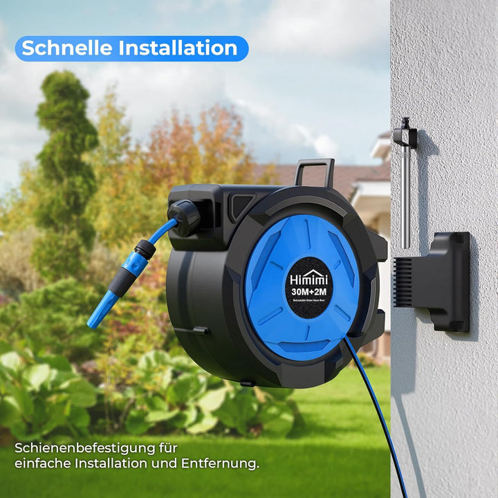 Himimi Schlauchtrommel 30m Wandmontage, Automatische Wandschlauchbox mit 180° Schwenk & stufenloser