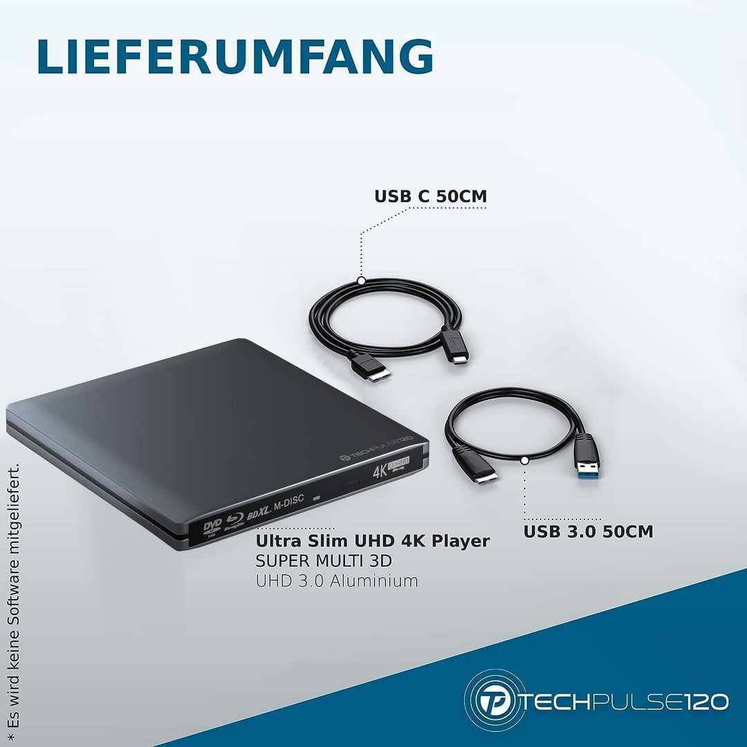 techPulse120 Externes UHD 4k 3D M-Disc BDXL USB 3.0 USB-C Laufwerk Blu-ray Brenner Burner Superdrive