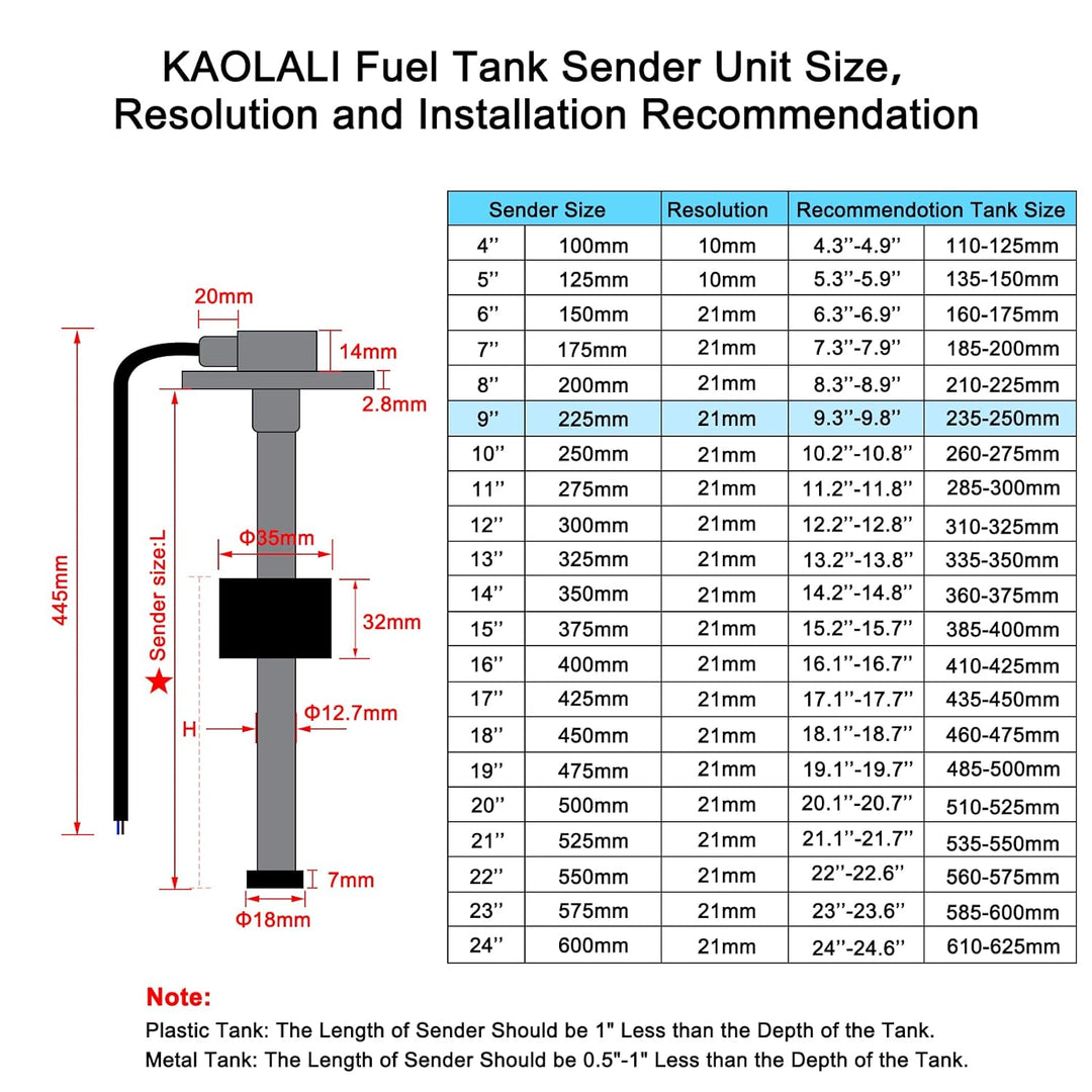 KAOLALI Kraftstoffstandssensor, Wasserstandssensor, 0 ~ 190 Ohm, 150 mm–1000 mm, für Auto, Boot, 225