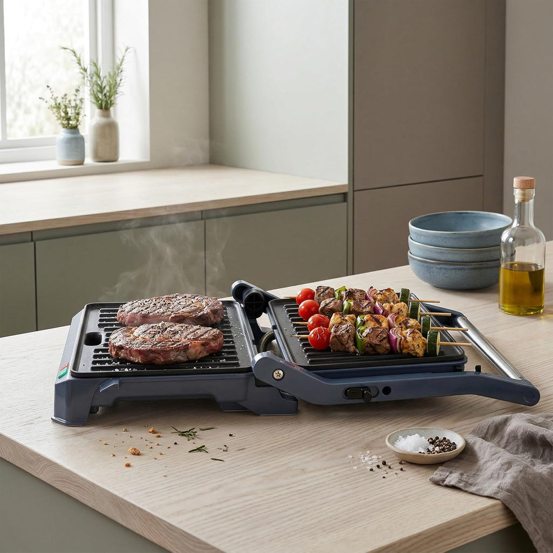 Progress Mellow Health Grill, 180°-Öffnung, 850 W | Antihaftplatten, 23 x 14,5 cm Grillfläche, flach