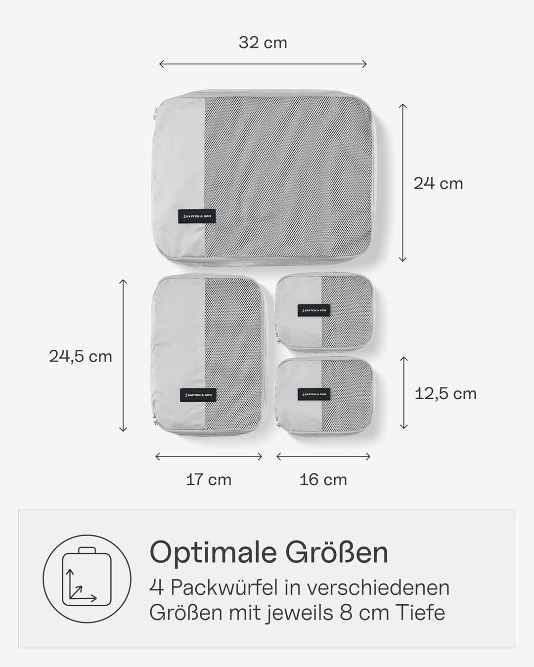Kapten & Son Packing Cubes Set Small All Black Koffer Organizer 4er Set | 4er Set Packwürfel für Han