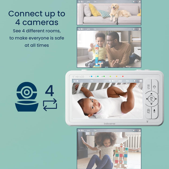 Babysense 5" HD-Babyphone mit Kamera und Audio, Fernbedienung Schwenk- und Neigefunktion, Verstellba