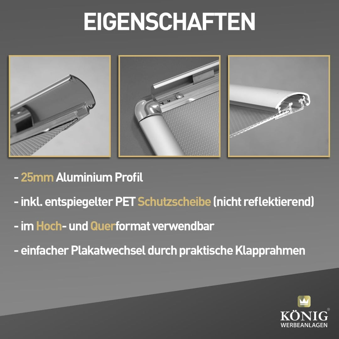 10 Plakatrahmen DIN A4 | abgerundete Ecken | 25mm Alu Profil, Silber | inkl entspiegelter Schutzsche