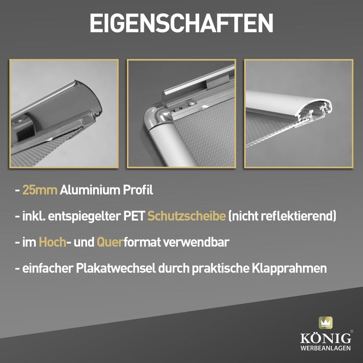 10 Plakatrahmen DIN A4 | abgerundete Ecken | 25mm Alu Profil, Silber | inkl entspiegelter Schutzsche