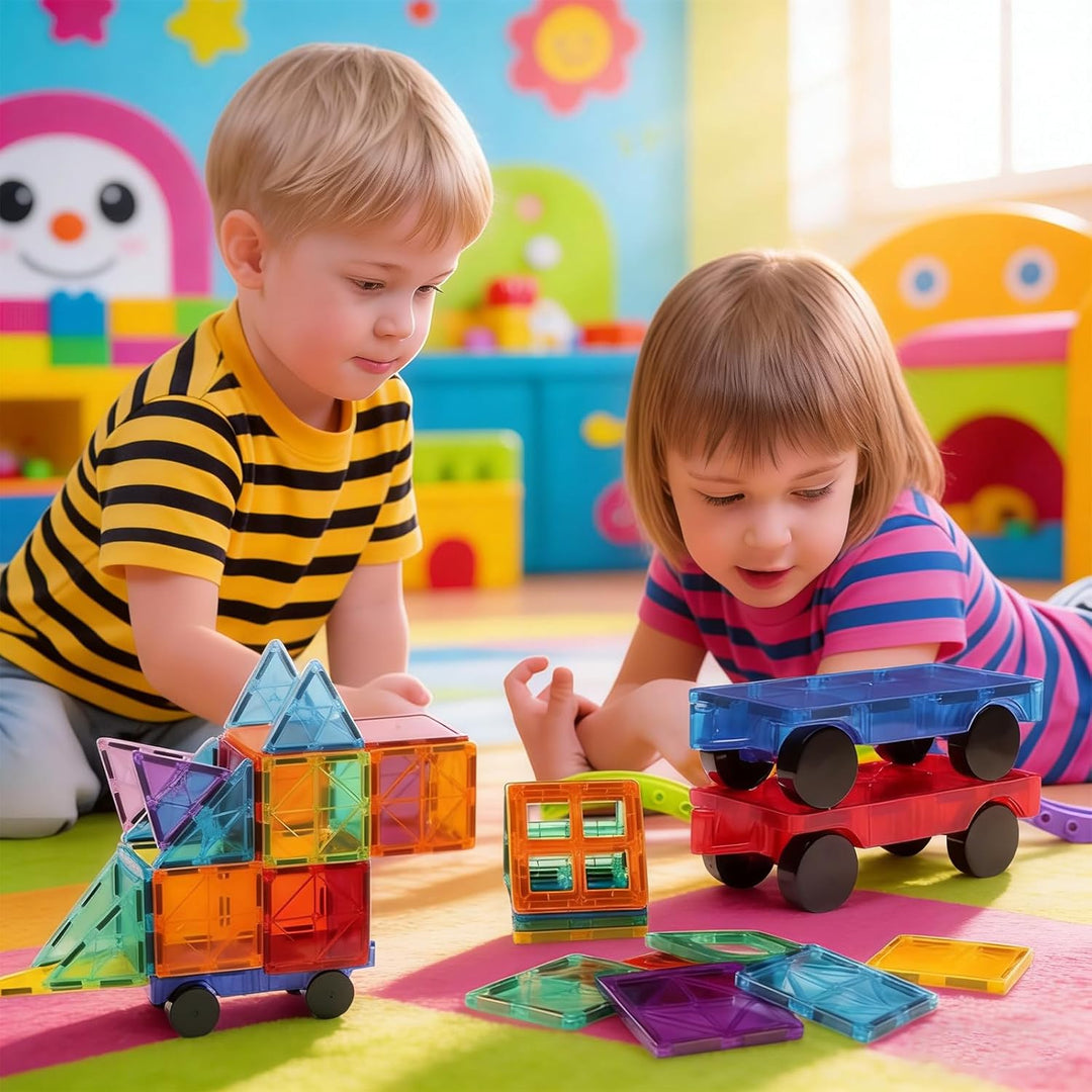 Magnetische Bausteine Auto Erweiterungsset, 4 Grüne & Gelbe Magnetbausteine für Kinder, Kompatibel m