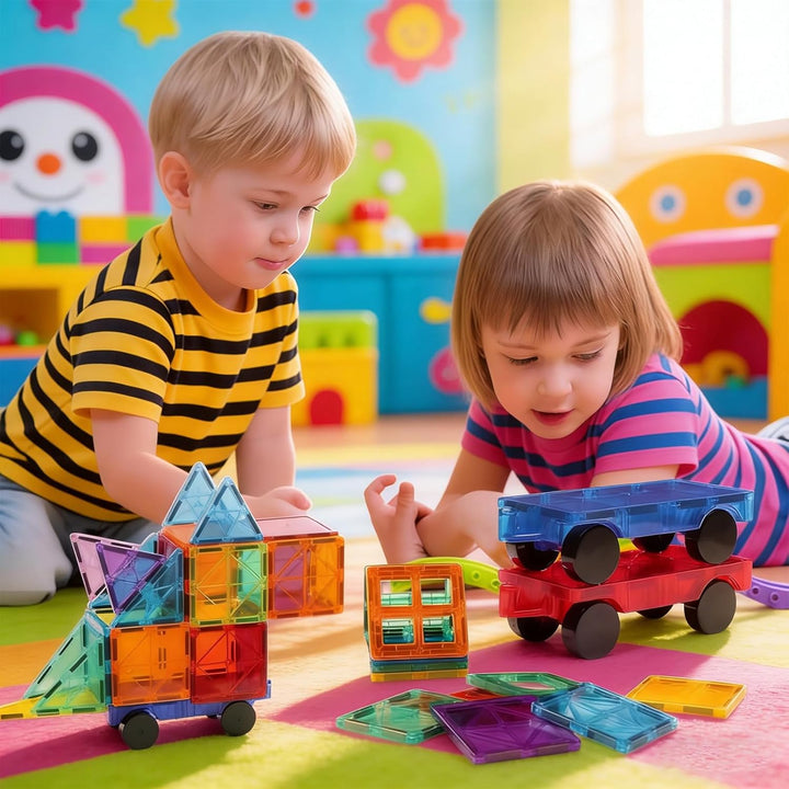Magnetische Bausteine Auto Erweiterungsset, 4 Grüne & Gelbe Magnetbausteine für Kinder, Kompatibel m