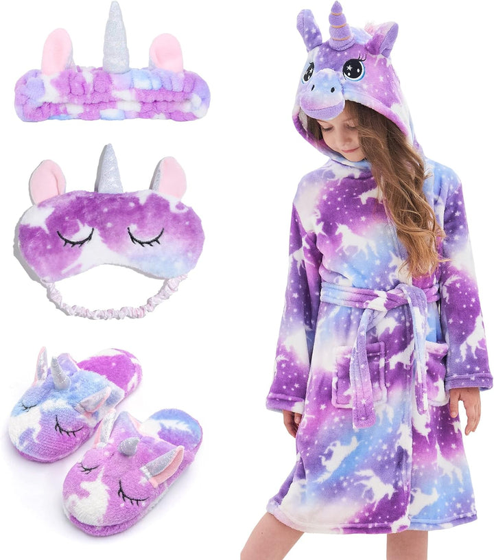 Piefry Weicher Einhorn-Bademantel mit Kapuze für Mädchen mit Einhorn-Pantoffeln, Augenbinde und Stir