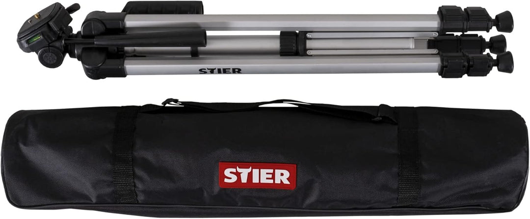 STIER Stativ 160, Baustativ aus Aluminium, Arbeitshöhe 57 bis 161 cm, 360° Drehfunktion, Neigungsfun