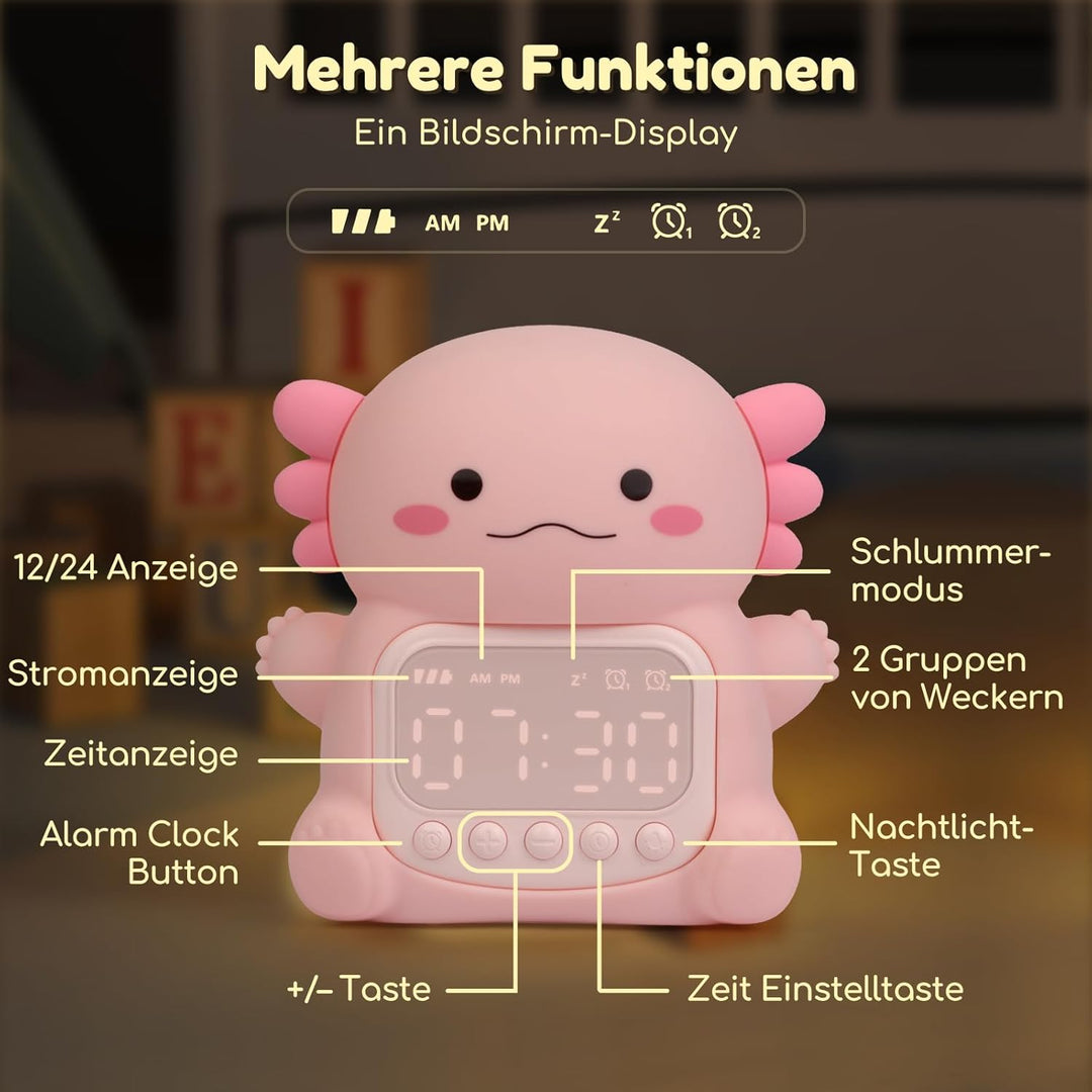 Yiliaw Axolotl Wecker mit Nachtlicht für Kinder, 7 RGB-Farben Süsse Wecker für Schlafzimmer, Ok to W