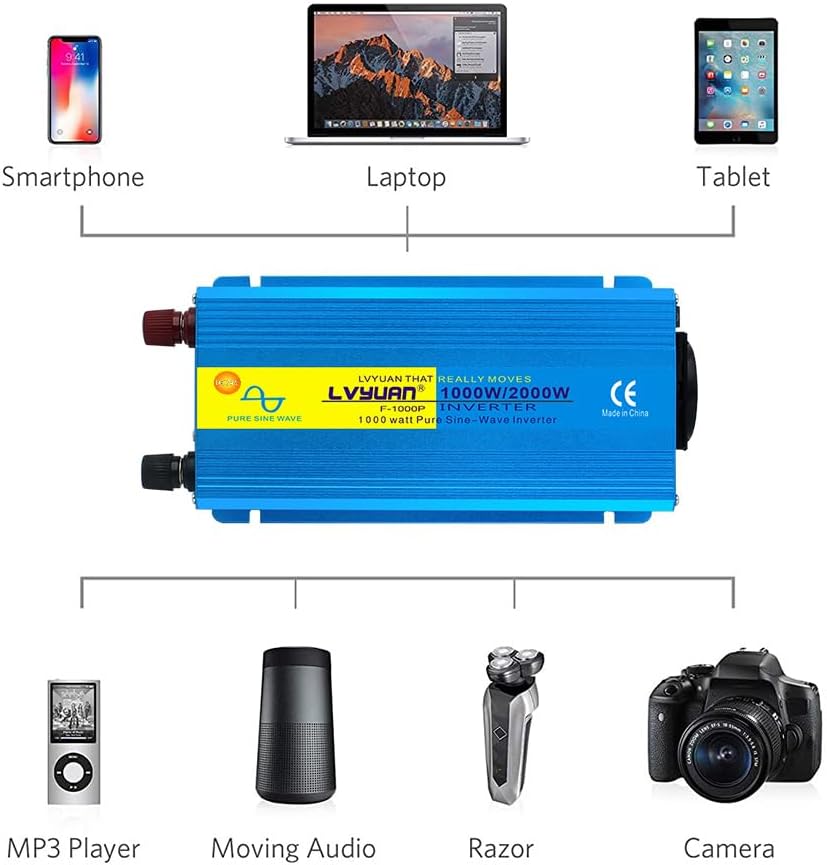 Yinleader Wechselrichter 24V 230V 1000W /2000W Reiner Sinus Spannungswandler mit 1 Steckdose 2 USB A