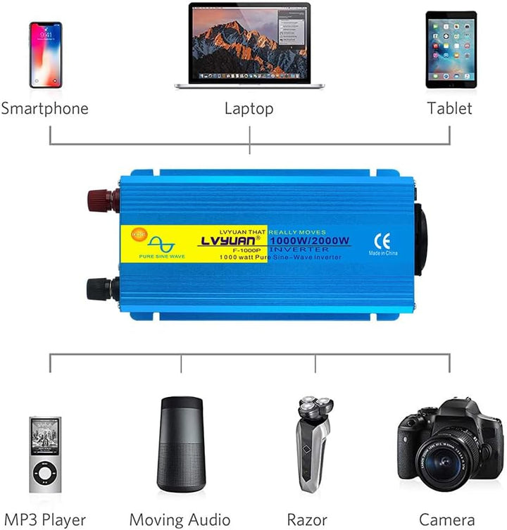 Yinleader Wechselrichter 24V 230V 1000W /2000W Reiner Sinus Spannungswandler mit 1 Steckdose 2 USB A