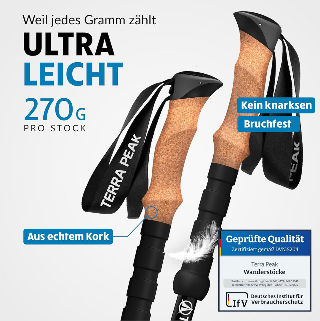 Terra Peak® Premium Wanderstöcke Teleskop ultra-leicht, ausziehbar aus Carbon o. Aluminium INKL. Mik