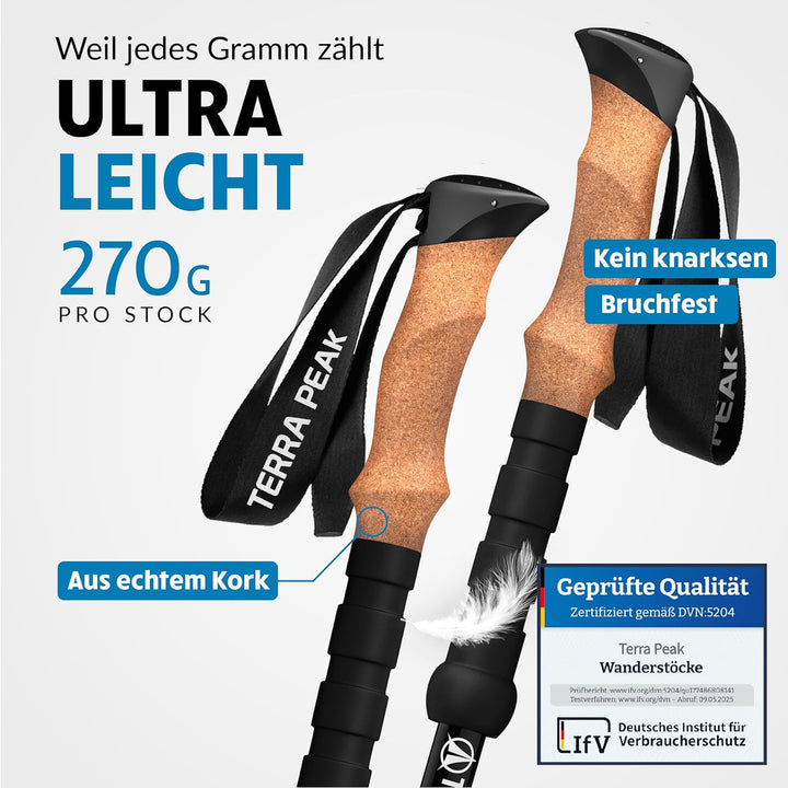 Terra Peak® Premium Wanderstöcke Teleskop ultra-leicht, ausziehbar aus Carbon o. Aluminium INKL. Mik