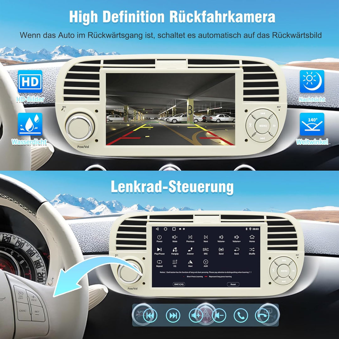 Android 13 Autoradio für FIAT 500 (2007–2015) | 7-Zoll-IPS-Touchscreen mit wasserdichter HD-Rückfahr