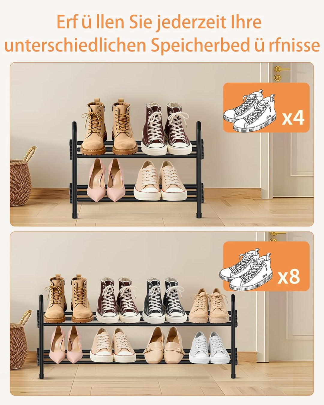 Ausziehbares Schuhregal, 2 Ebenen Adjustable Schuhregal Metall 43 to 78cm, Standregal Schmal Schuhab