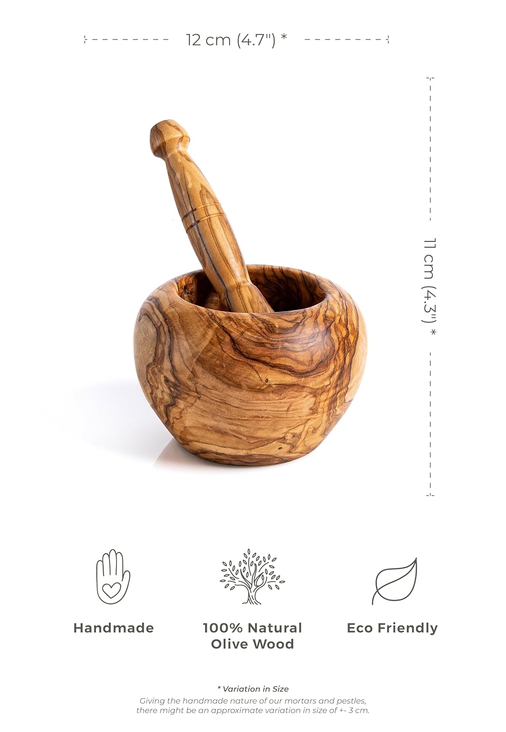 Darido Olivenholz Mörser-Set - Ø 12 cm, H 11 cm - Handgemacht, Ergonomisch, Vintage, Umweltfreundlic