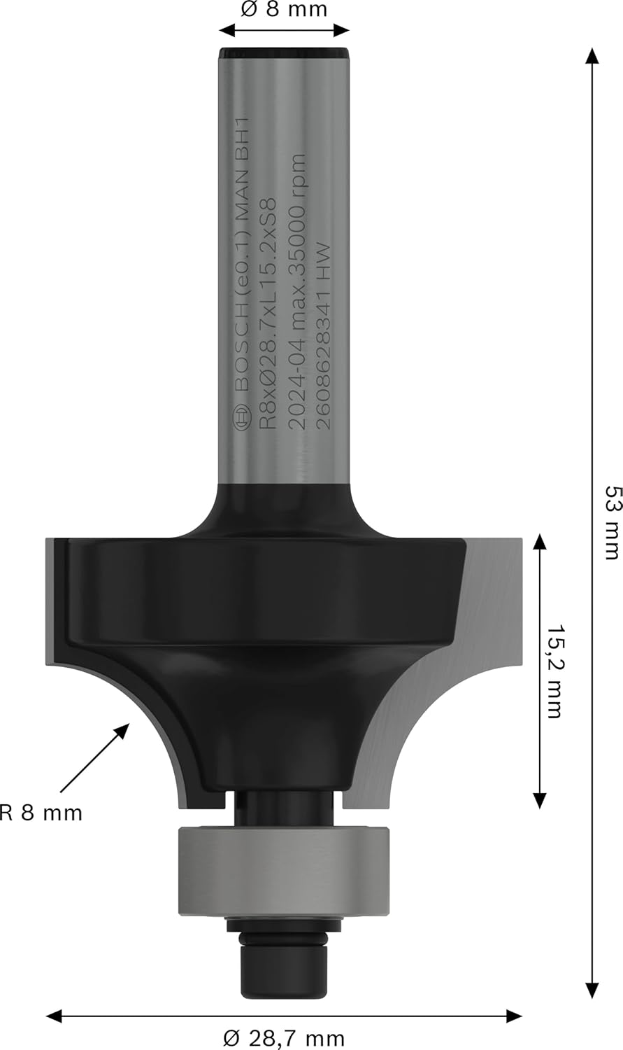 Bosch Professional Abrundfräser Standard for Wood (für Holz, Radius 8 mm, Arbeitslänge 15,5 mm, Zube