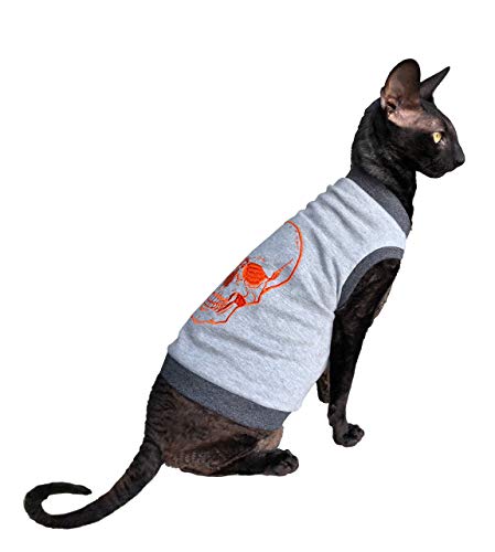 Kotomoda Sphynx Katzen T-Shirt Stickerei ORANGE Scull #2 (S) S Grau, S Grau