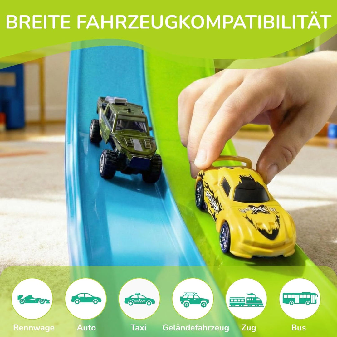5M Flexible Autorennbahn Set mit 2 Loopings, 2-in-1 Rennbahn mit Autos & Tragtasche, Schwerkraft & P
