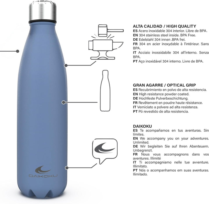 Daikoku - Edelstahl Wasserflasche | 100% Auslaufsicher | Hält 12 Stunden Heiss, 24 Stunden Kalt | BP