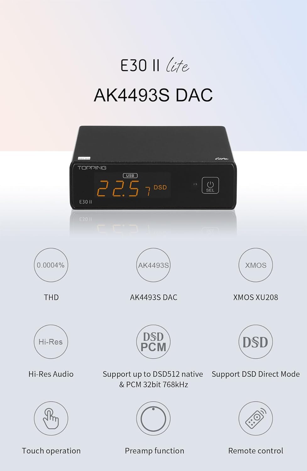 TOPPING E30II Lite AK4493S DAC Hi-Res Audio XMOS AU208 Touch Operation Preamp Decoder (Black), Black