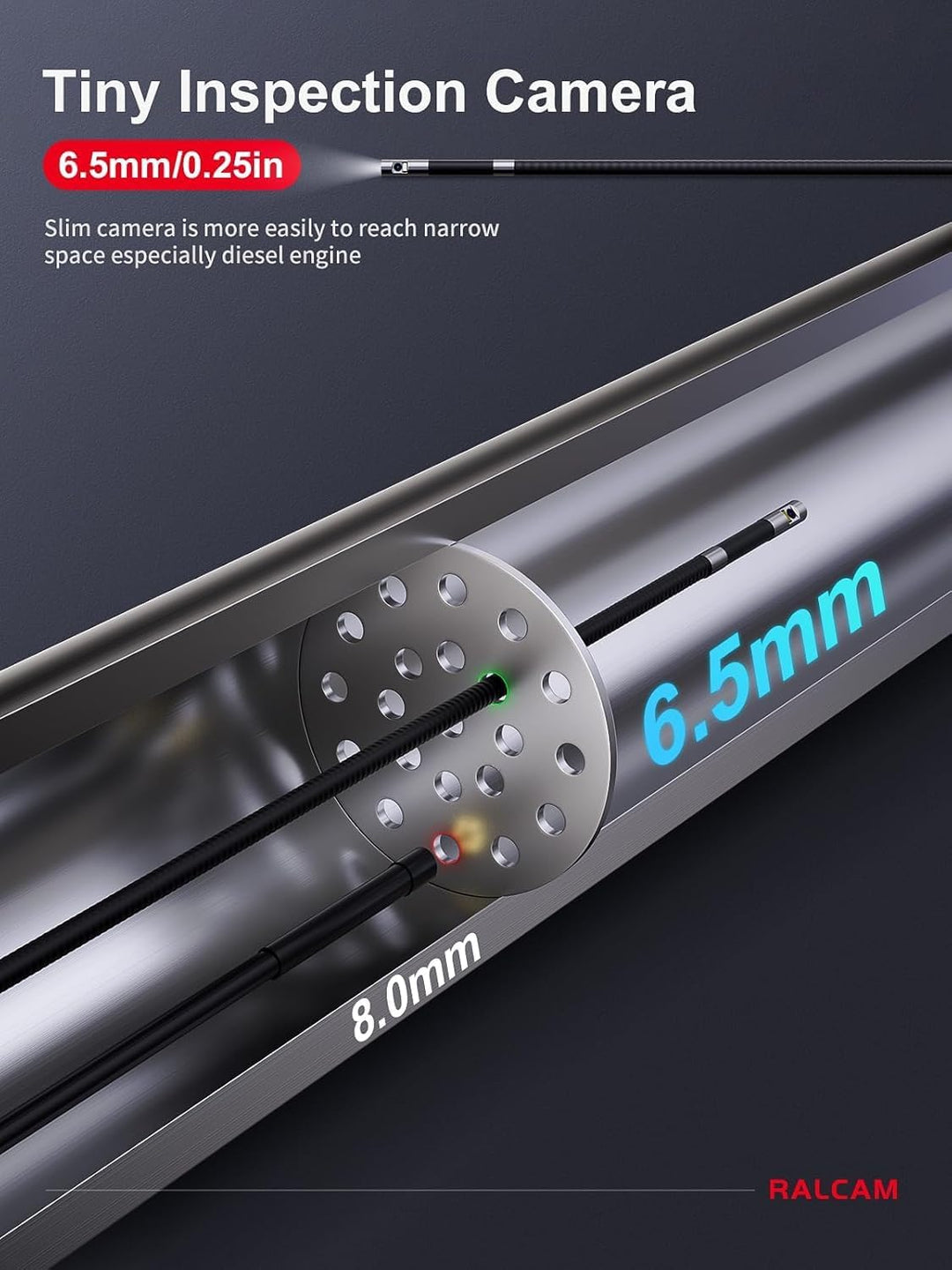 Ralcam Endoskopkamera mit Licht, Endoscope Camera mit 360° beweglichem Kopf, 6,5mm Dual-Sonde, 5" HD