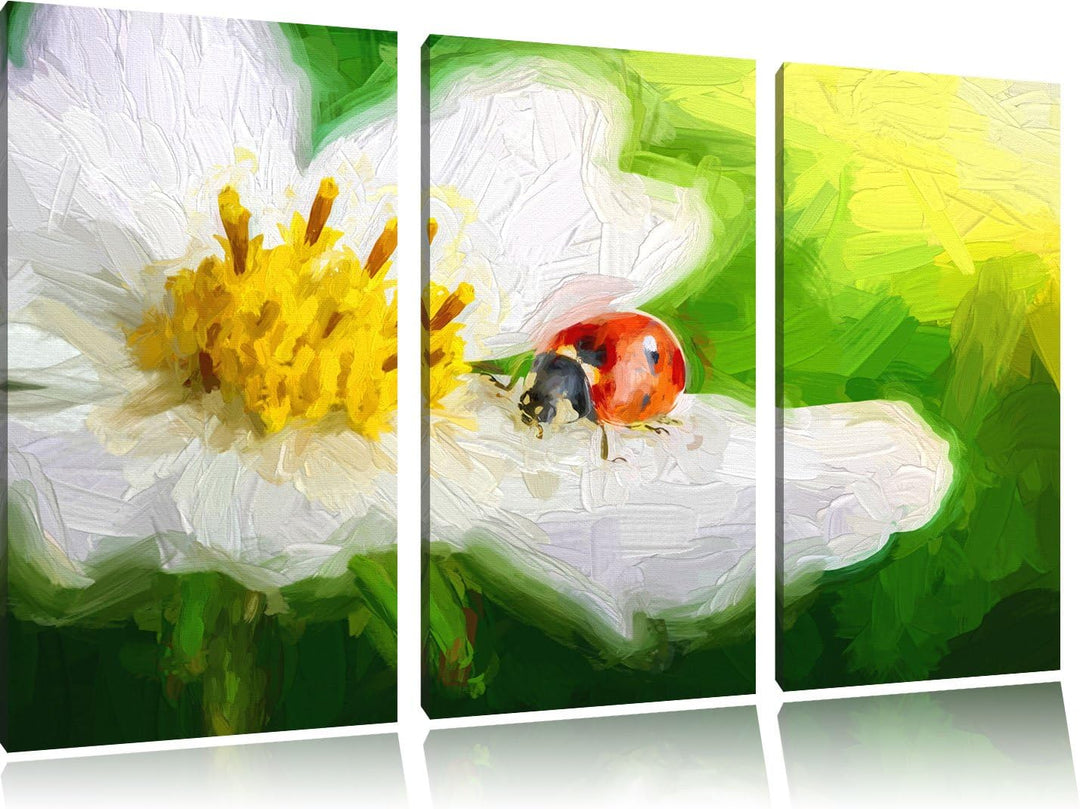 Pixxprint Marienkäfer auf Einer weissen Blume Kunst Pinsel Effekt 3-Teiler Leinwandbild 120x80 Bild