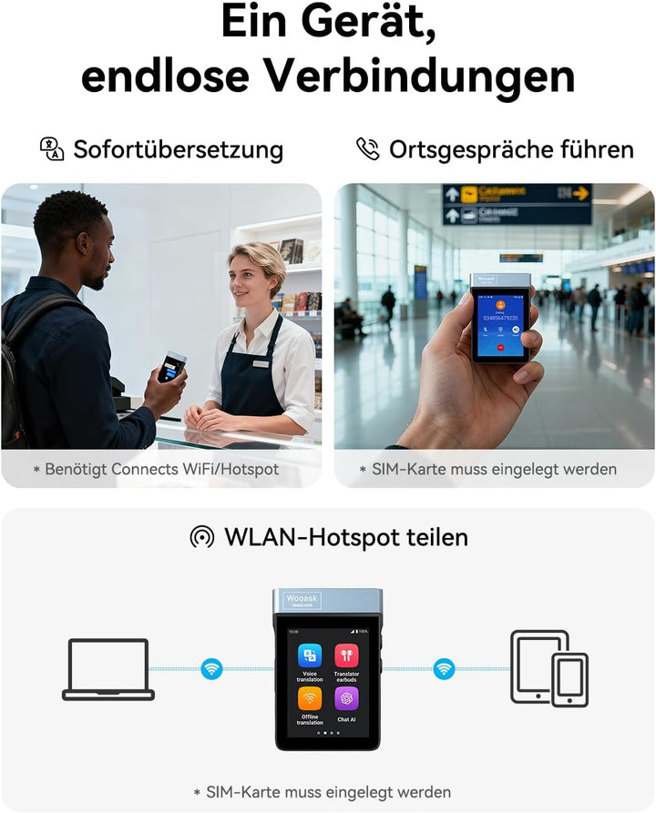 Wooask A9 Übersetzer KopfhöRer Support Anrufe & Hotspot-Freigabe Mit ChatGPT, Sprachübersetzer Ohne