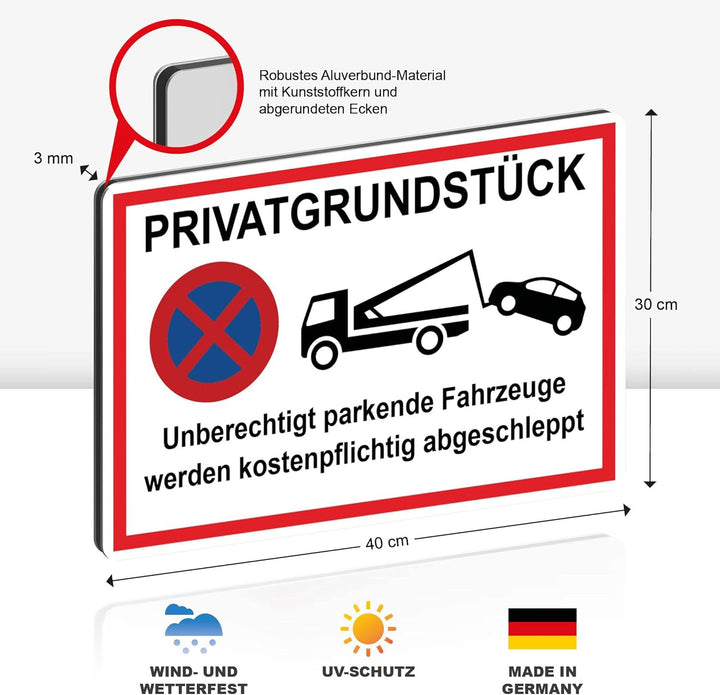 2 Stück XXL Privatgrundstück Schild 40x30cm Alu 3mm Alu-Dibond stabile Aluminiumverbundplatte unbere