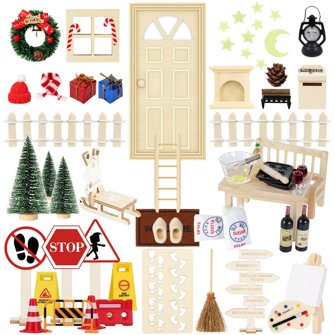 75Pcs Wichtel Zubehör mit Briefe Weihnachten Wichteltür Komplettset, Elfentür Beleuchtet Miniatur Wi
