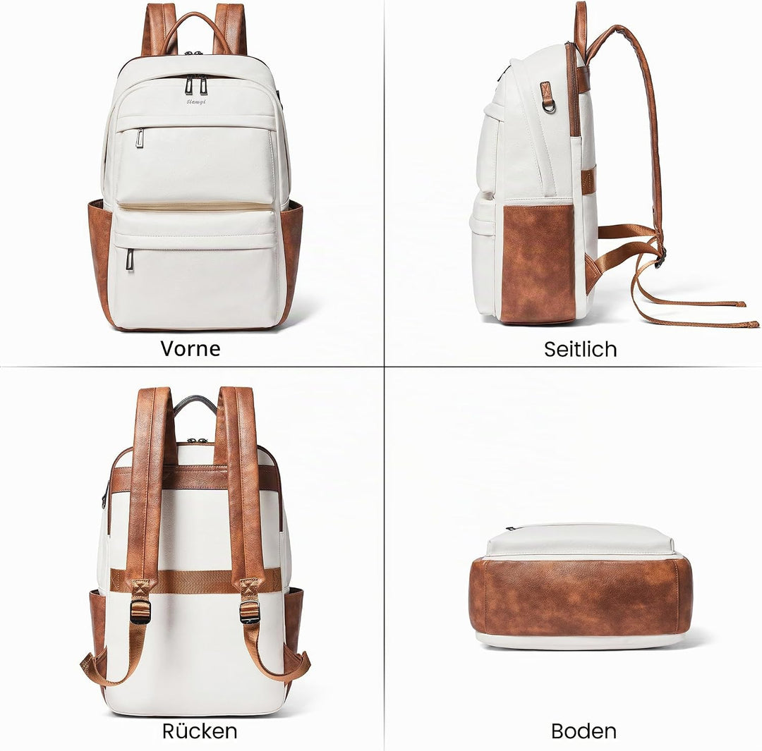 Veganer Lederrucksack für Damen und Herren, passend für 16,0 Zoll Laptop, Design mit vielen Fächern,