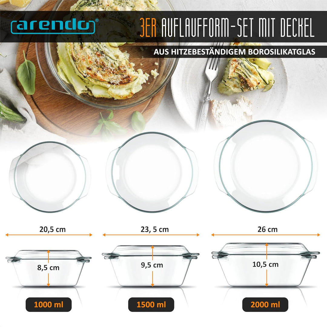 Arendo - Auflaufform mit Deckel und Griffen – 3er Set – Borosilikatglas – 3 Grössen 1000ml 1500ml 20