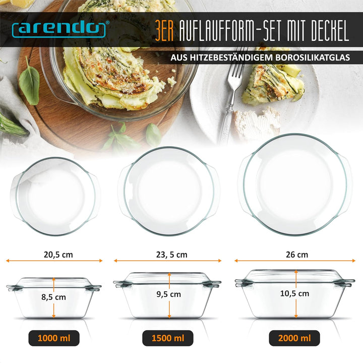 Arendo - Auflaufform mit Deckel und Griffen – 3er Set – Borosilikatglas – 3 Grössen 1000ml 1500ml 20