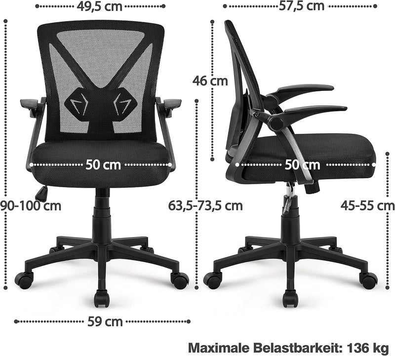 Yaheetech Bürostuhl ergonomisch, Schreibtischstuhl aus Mesh mit Hochklappbaren Armlehnen, Drehstuhl