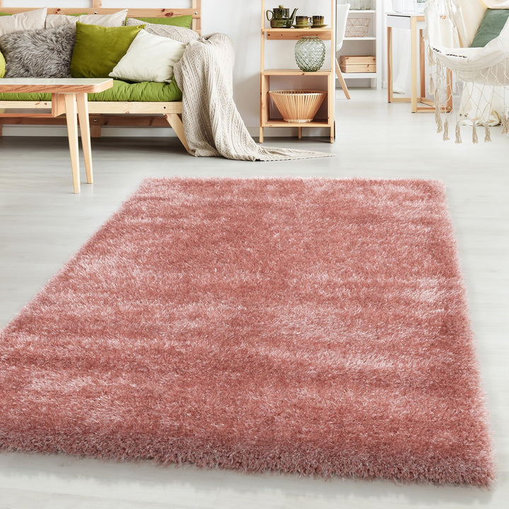 HomebyHome Shaggy Teppich Wohnzimmer 120 cm Rund - 50 mm Florhöhe Hochflor Wohnzimmerteppich Rosa Ex