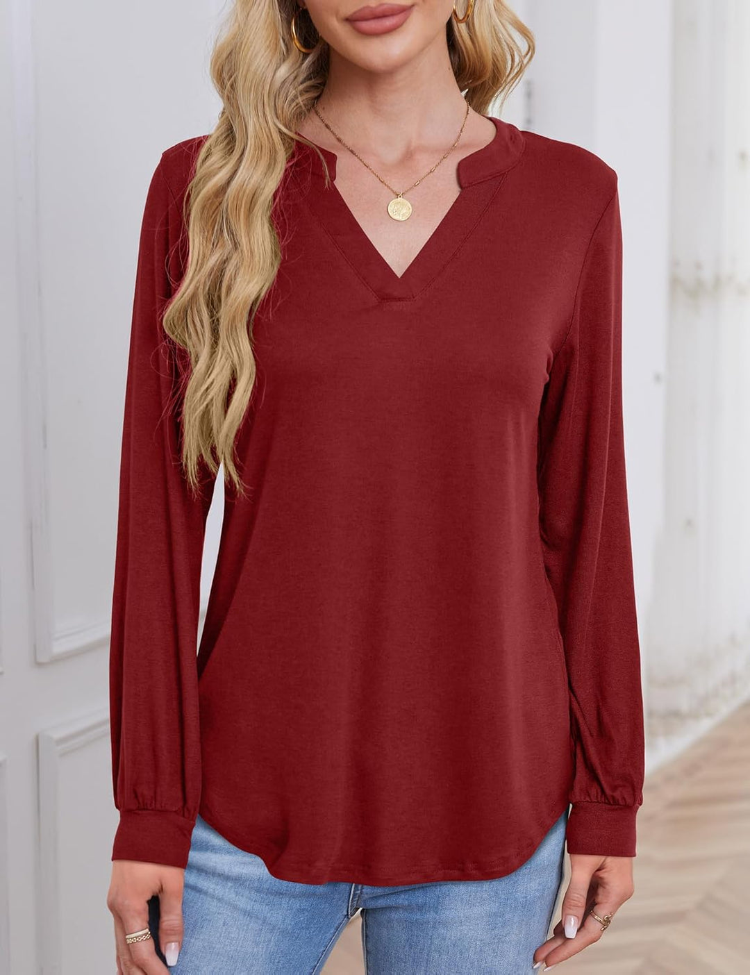 Beluring Langarmshirt Damen Elegant V Ausschnitt Tunika Bluse Einfarbig T-Shirt M Weinrot, M Weinrot