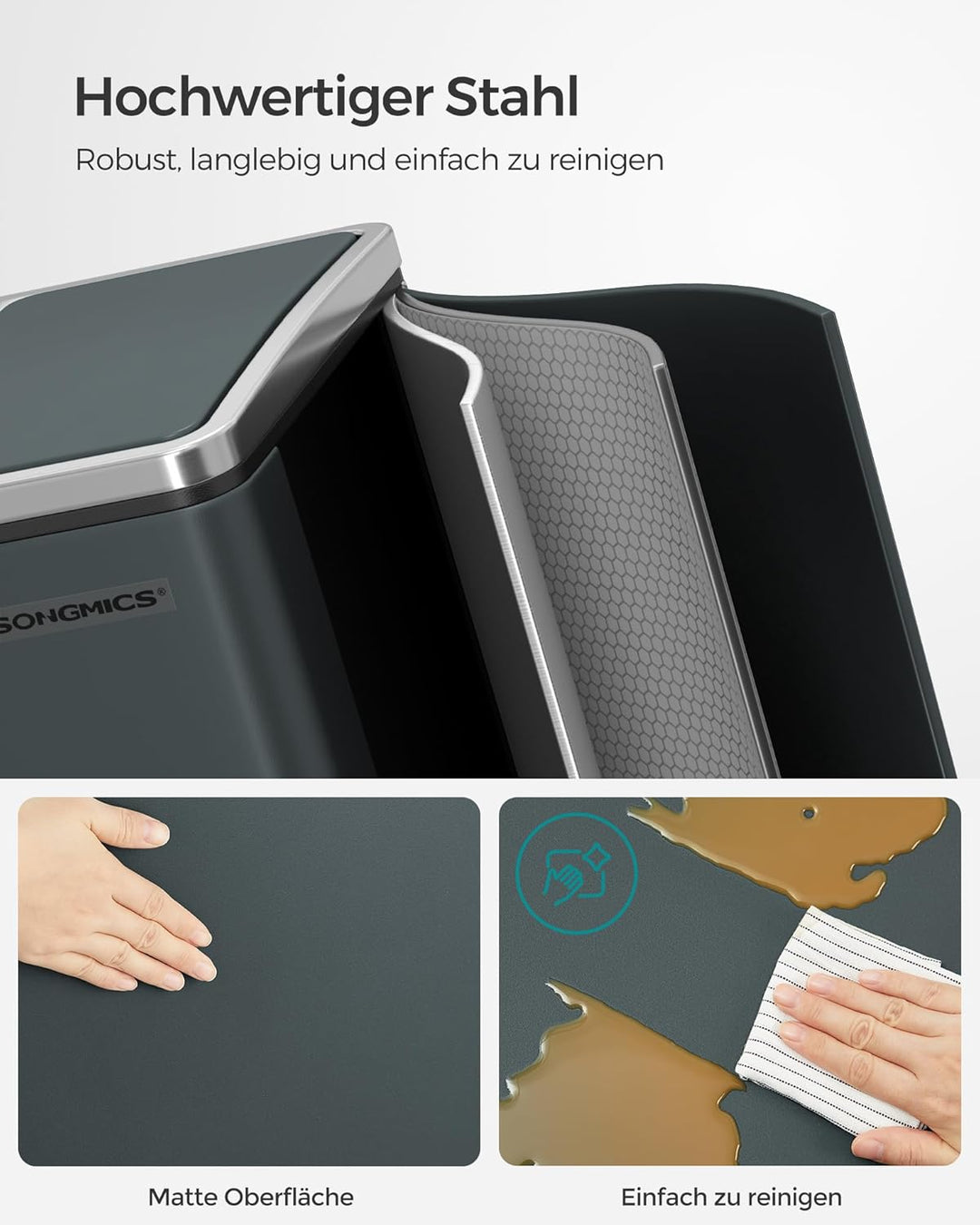 SONGMICS Mülleimer Küche, 2 x 15 L, Mülltrennsystem, Abfalleimer aus Metall, Treteimer mit Inneneime