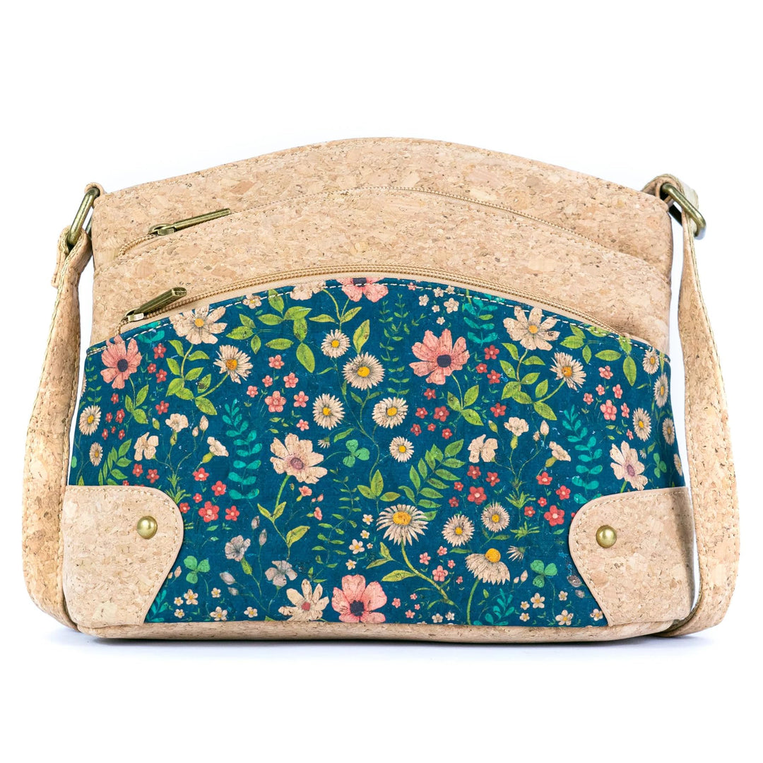 DeCarbonize Crossbody Handtasche aus Kork Veganleder Nachhaltig Damen Umhängetasche 3-Zip Blumen, 3-