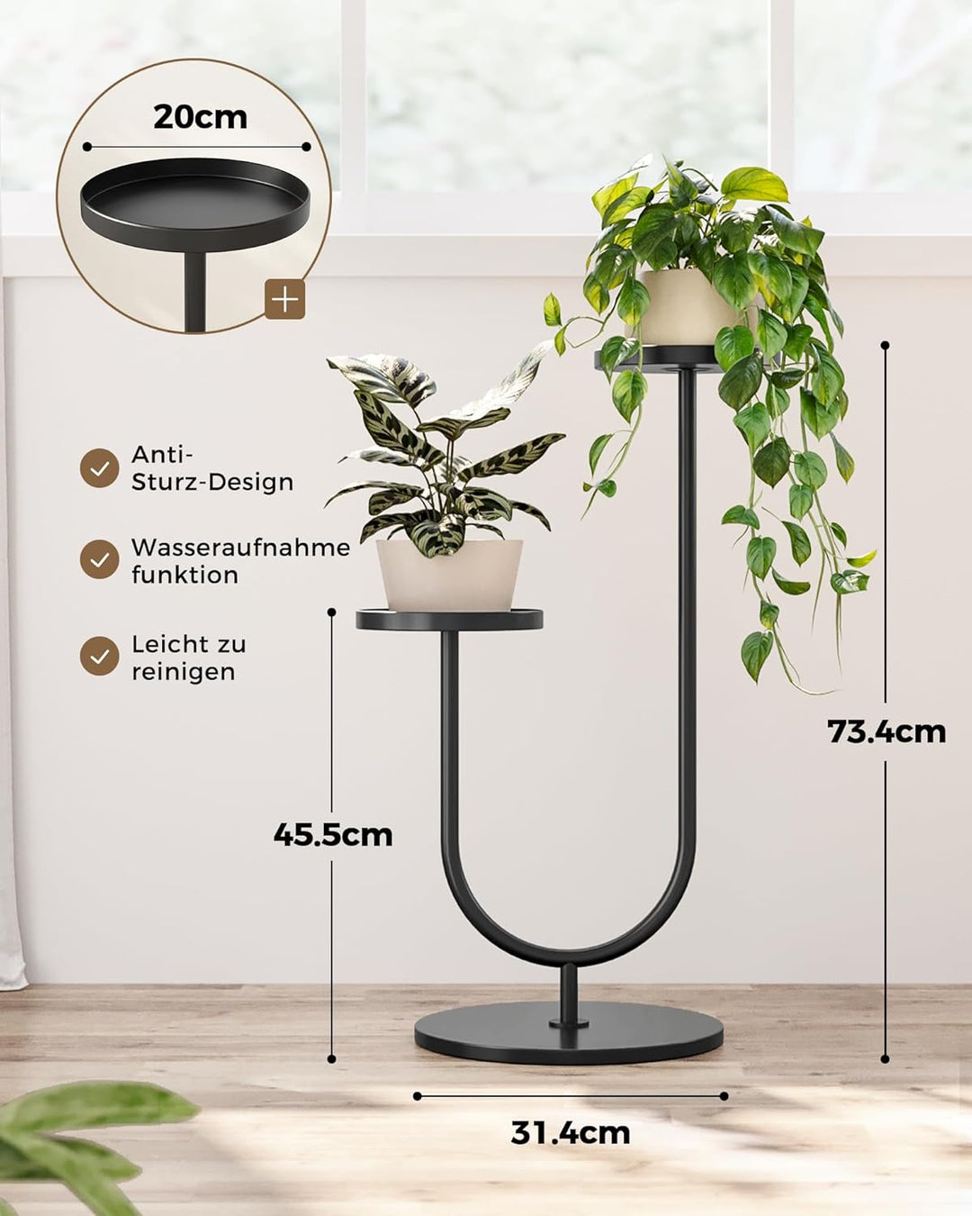 Bamworld Blumenständer Metall Schwarz, Pflanzenständer Indoor Outdoor, Modernes 2-stufiges Pflanzenr