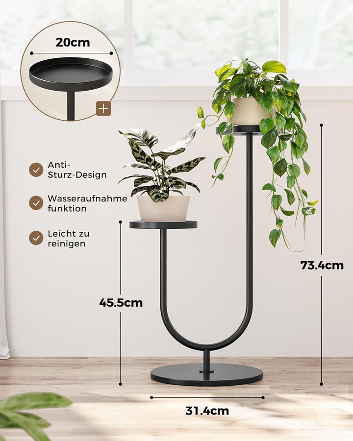 Bamworld Blumenständer Metall Schwarz, Pflanzenständer Indoor Outdoor, Modernes 2-stufiges Pflanzenr