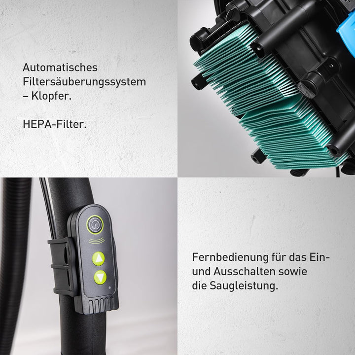 Högert Technik – Nass- und Trockensauger 30 L mit automatischer Filterreinigung, Funkfernbedienung,