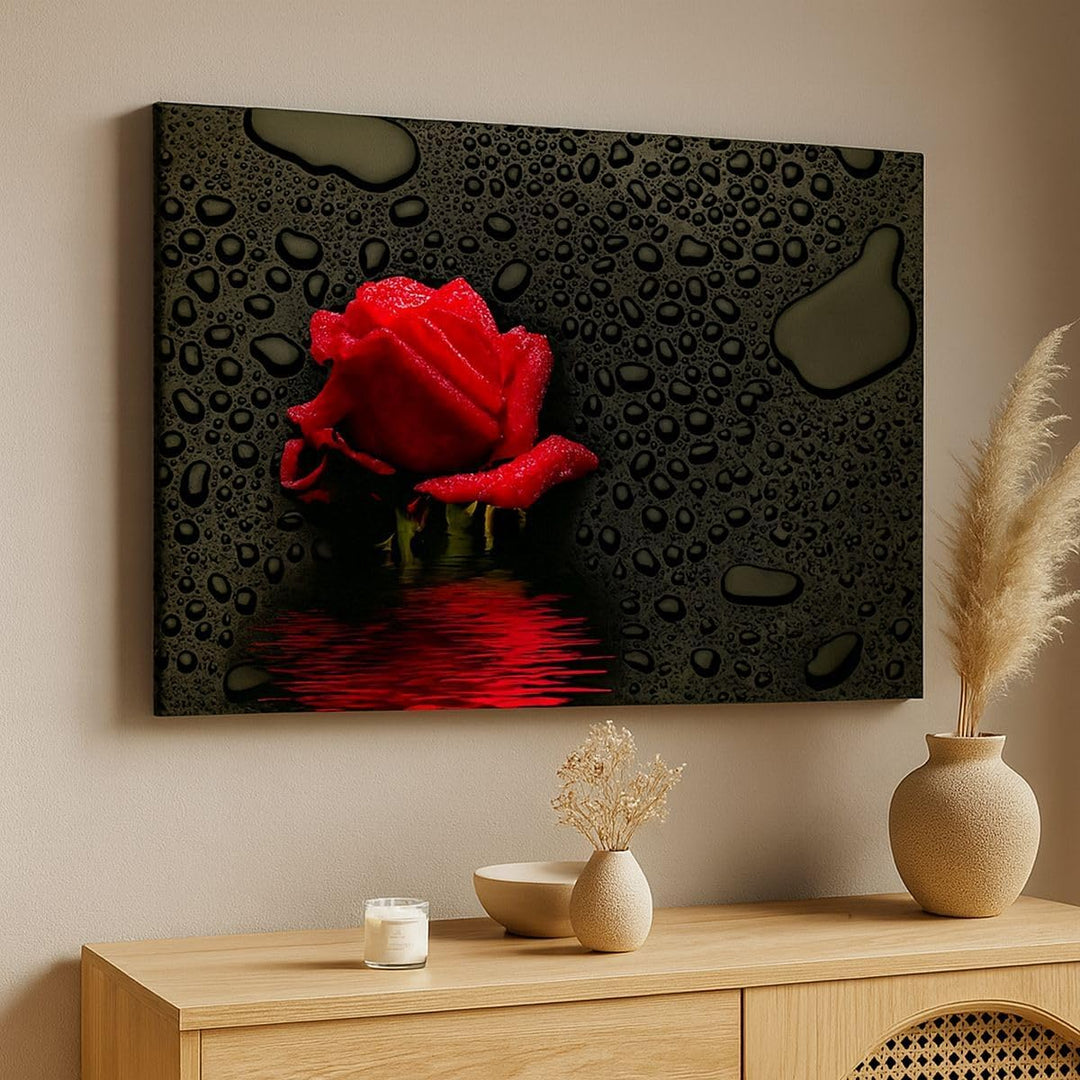 Bilder auf Leinwand 100x70cm Leinwandbild Blume rote rose wasser tau Gross Wanddeko Bild Schlafzimme