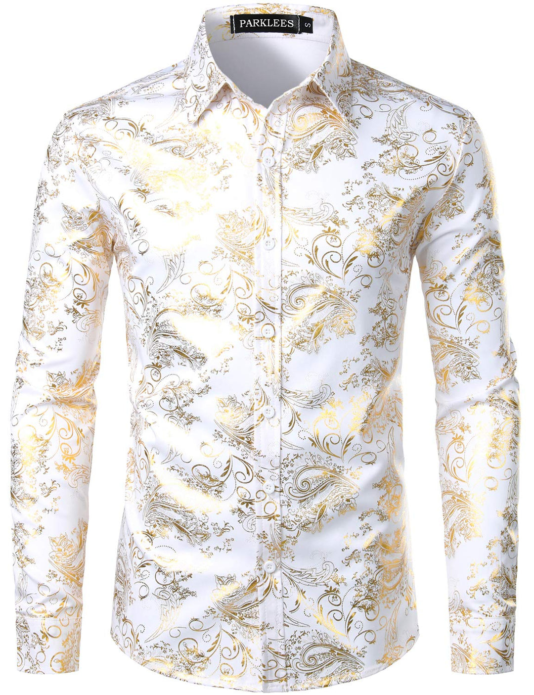 PARKLEES Herren Luxus Paisley Gemustert Golden Glänzend Slim Fit Freizeithemd M Golden, M Golden